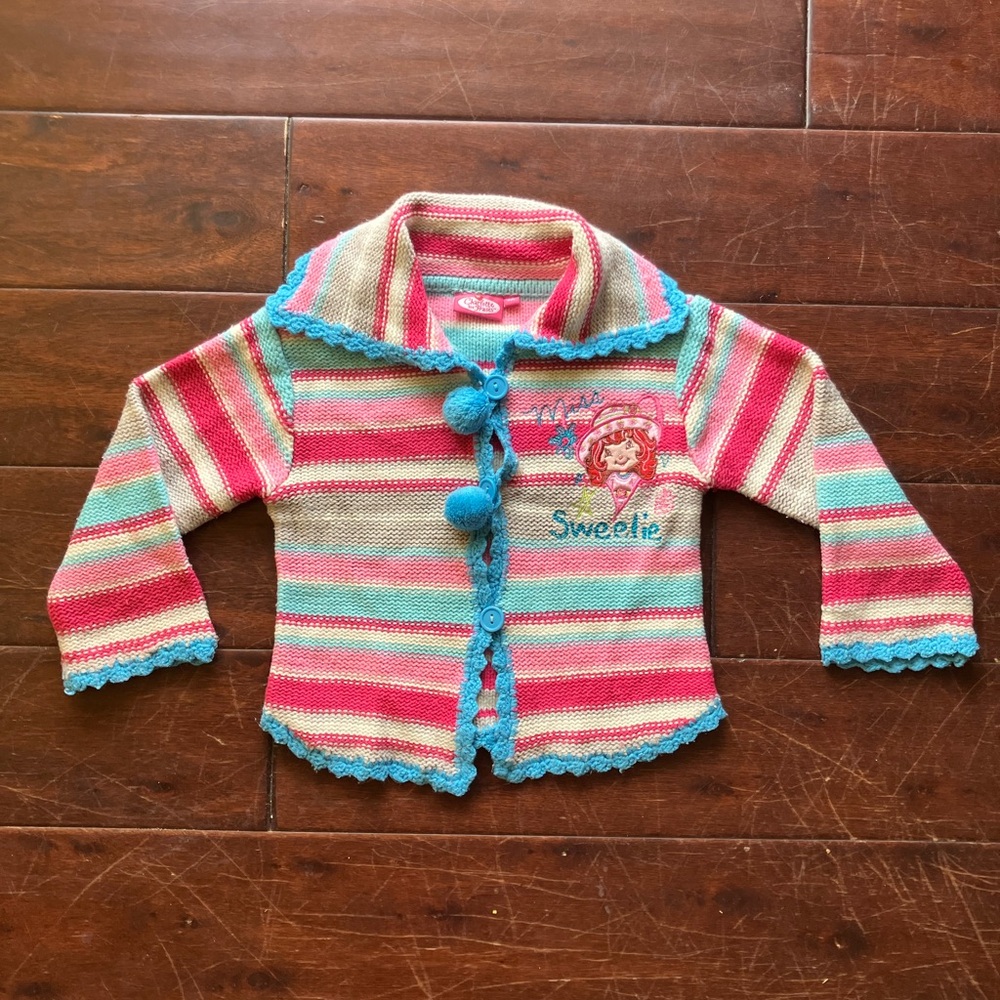 Y2K 2008 Strawberry Shortcake Miss Sweetie Striped turquoise cardigan sweater